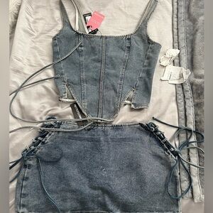 PLT denim mini skirt corset set